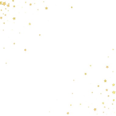 Sihirli yıldızlar vektör kaplaması. Altın yıldızlar rasgele etrafa saçılmış, düşüyor, yüzüyor. Kaotik rüya gibi çocuksu bir şablon. Beyaz arkaplanda mucizevi yıldızlı gece vektörü.