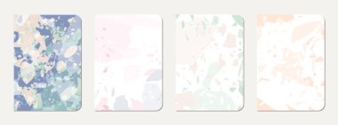 Okul not defteri kapağı tasarımı. Doğal taşlar, granit, kuvars ve mermerden yapılmış terrazzo soyut arka plan. Venedik terrazzo desenli okul not defteri şablonu.