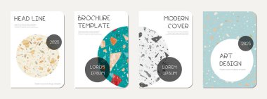 Not defteri kapağı tasarımı. Doğal taşlar, granit, kuvars ve mermerden yapılmış terrazzo soyut arka plan. Venedik terrazzo doku dizüstü bilgisayar kapağı şablonu.