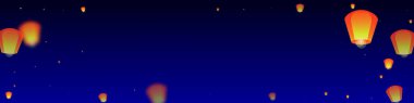 Yi Peng festival kartı. Gece gökyüzünde kağıt fener ışıkları uçuşan Tayland tatili. Geleneksel Yi Peng kutlaması. Koyu mavi arkaplanda vektör illüstrasyonu.