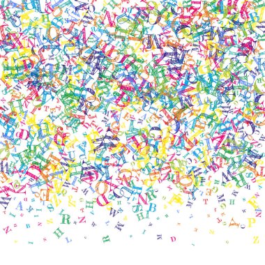 Dağınık Latin alfabesi harfleri. İngiliz dilinin renkli yüzen karakterleri. Yabancı diller öğrenim kavramı. Beyaz arkaplanda okul afişine geri dön.