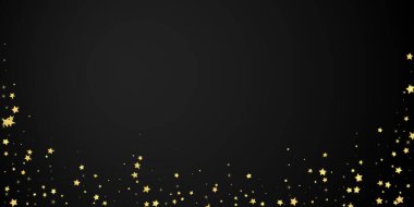 Sihirli yıldızlar vektör kaplaması. Altın yıldızlar rasgele etrafa saçılmış, düşüyor, yüzüyor. Kaotik rüya gibi çocuksu bir şablon. Siyah arkaplanda vektör peri masalı.