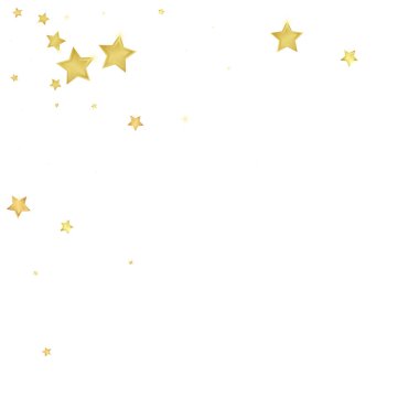 Sihirli yıldızlar vektör kaplaması. Altın yıldızlar rasgele etrafa saçılmış, düşüyor, yüzüyor. Kaotik rüya gibi çocuksu bir şablon. Beyaz arkaplanda mucizevi yıldızlı gece vektörü.