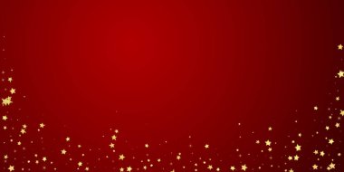 Sihirli yıldızlar vektör kaplaması. Altın yıldızlar rasgele etrafa saçılmış, düşüyor, yüzüyor. Kaotik rüya gibi çocuksu bir şablon. Kırmızı arkaplanda vektör büyüsü.