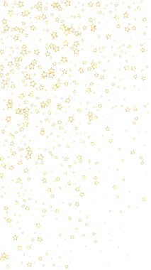 Altın parıldayan yıldız konfetisi. Kaotik rüya gibi çocuksu bir şablon. Beyaz arkaplanda şenlikli yıldız vektör çizimi.