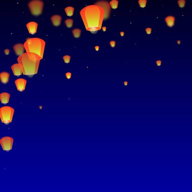 Gece gökyüzünde süzülen gökyüzü fenerleri. Gece gökyüzünde kağıt fener ışıkları uçuşan Tayland tatili. Gökyüzü feneri festivali kutlaması. Koyu mavi arkaplanda vektör illüstrasyonu.