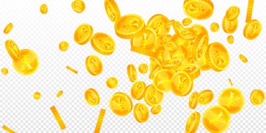 Chinese yuan coins falling. Scattered gold CNY coins. China money. Global financial crisis concept. Wide vector illustration. clipart