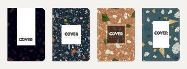 Okul günlüğü kapağı tasarımı. Doğal taşlar, granit, kuvars ve mermerden yapılmış terrazzo soyut arka plan. Venedik terrazzo doku okul günlüğü şablonu.