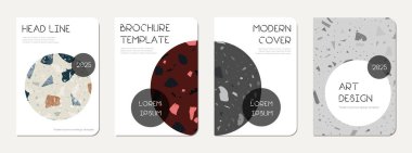 Broşür kapağı tasarımı. Doğal taşlar, granit, kuvars ve mermerden yapılmış terrazzo soyut arka plan. Venedik Terrazzo Doku Broşürü.