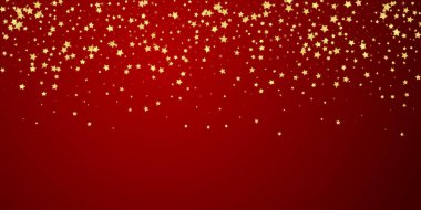 Sihirli yıldızlar vektör kaplaması. Altın yıldızlar rasgele etrafa saçılmış, düşüyor, yüzüyor. Kaotik rüya gibi çocuksu bir şablon. Kırmızı arkaplanda mucizevi yıldızlı gece vektörü.