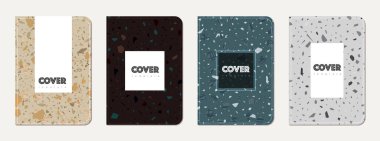 Broşür kapağı tasarımı. Doğal taşlar, granit, kuvars ve mermerden yapılmış terrazzo soyut arka plan. Venedik Terrazzo Doku Broşürü.