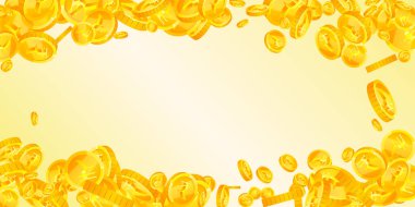 Indian rupee coins falling. Scattered gold INR coins. India money. Great business success concept. Wide vector illustration.