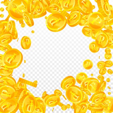 Russian ruble coins falling. Scattered gold RUB coins. Russia money. Global financial crisis concept. Square vector illustration.