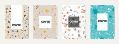 Not defteri kapağı tasarımı. Doğal taşlar, granit, kuvars ve mermerden yapılmış terrazzo soyut arka plan. Venedik terrazzo doku dizüstü bilgisayar kapağı şablonu.