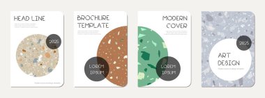 Not defteri kapağı tasarımı. Doğal taşlar, granit, kuvars ve mermerden yapılmış terrazzo soyut arka plan. Venedik terrazzo dokusu not defteri kapağı şablonu.