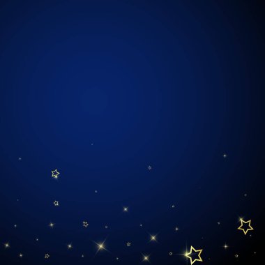 Yıldızlı gece masalı geçmişi. Şirin ışıltılı parıltılar, havada Noel ruhu. Koyu mavi arkaplanda kutlama yıldızları vektör illüstrasyonu.