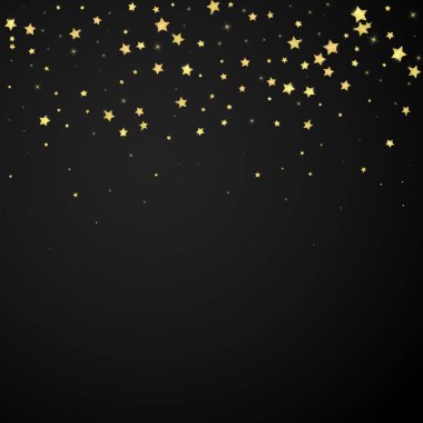 Sihirli yıldızlar vektör kaplaması. Altın yıldızlar rasgele etrafa saçılmış, düşüyor, yüzüyor. Kaotik rüya gibi çocuksu bir şablon. Siyah arkaplanda büyülü karikatür gece gökyüzü.