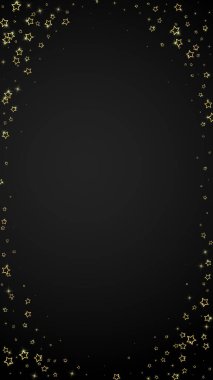 Parıldayan yıldızlar rastgele dağılmış, uçuyor, düşüyor, yüzüyor. Noel kutlaması kavramı. Siyah arkaplanda kutlama yıldızları vektör çizimi.