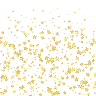Sihirli yıldızlar vektör kaplaması. Altın yıldızlar rasgele etrafa saçılmış, düşüyor, yüzüyor. Kaotik rüya gibi çocuksu bir şablon. Beyaz arkaplanda vektör peri masalı.