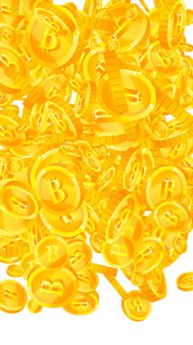Bitcoin paraları düşüyor. Kripto para birimi etrafa saçılmış altın BTC paralar. İnternet para birimi. Büyük iş başarısı konsepti. Vektör illüstrasyonu.