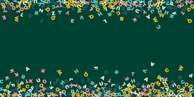 İngilizce 'nin harfleri düşüyor. Latin alfabesinin renkli, çocuksu uçan karakterleri. Yabancı diller öğrenim kavramı. Okula dönüş afişi .