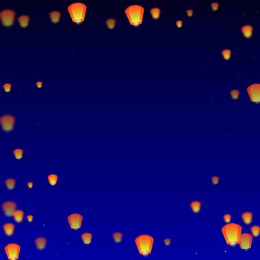 Gece gökyüzünde süzülen gökyüzü fenerleri. Gece gökyüzünde kağıt fener ışıkları uçuşan Tayland tatili. Gökyüzü feneri festivali kutlaması. Koyu mavi arkaplanda vektör illüstrasyonu.