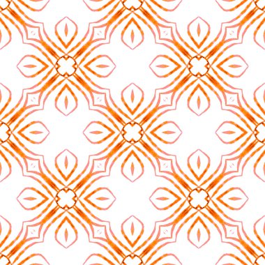 Madalyon pürüzsüz desen. Turuncu enfes boho şık yaz tasarımı. Suluboya madalyonu, kusursuz sınır. Tekstil hazır moda baskı, mayo kumaş, duvar kağıdı, ambalaj..