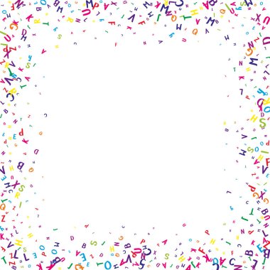 Uçan Latince mektuplar. İngiliz alfabesinin renkli çocuksu dağılmış çardakları. Yabancı diller öğrenim kavramı. Beyaz arkaplanda okul afişine geri dön.