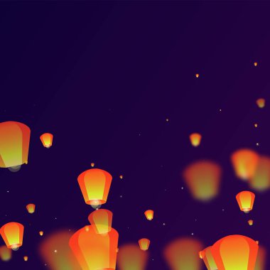 Gece gökyüzünde süzülen gökyüzü fenerleri. Gece gökyüzünde kağıt fener ışıkları uçuşan Tayland tatili. Gökyüzü feneri festivali kutlaması. Mor gradyan arkaplan üzerindeki vektör illüstrasyonu.