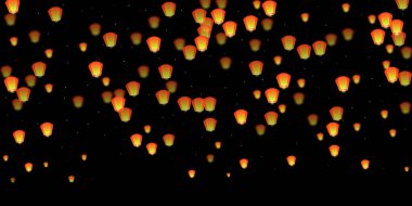 Loy Krathong festival kartı. Gece gökyüzünde kağıt fener ışıkları uçuşan Tayland tatili. Loy Krathong kutlaması. Siyah arkaplanda vektör illüstrasyonu.