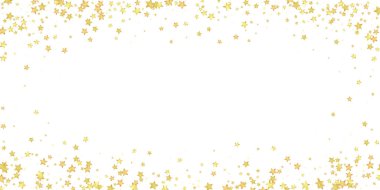 Sihirli yıldızlar vektör kaplaması. Altın yıldızlar rasgele etrafa saçılmış, düşüyor, yüzüyor. Kaotik rüya gibi çocuksu bir şablon. Beyaz arkaplanda vektör peri masalı.