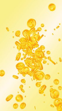 American dollar coins falling. Scattered gold USD coins. USA money. Jackpot wealth or success concept. Vector illustration.