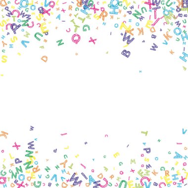 Okul not defteri kapağı. Latin alfabesinin renkli yüzen harfleri. Yabancı diller öğrenim kavramı. Okula dönüş afişi .