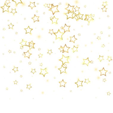 Parıldayan yıldızlar rastgele dağılmış, uçuyor, düşüyor, yüzüyor. Noel kutlaması kavramı. Beyaz arkaplanda şenlikli yıldız vektör çizimi.