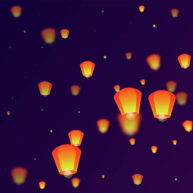 Gece gökyüzünde süzülen gökyüzü fenerleri. Gece gökyüzünde kağıt fener ışıkları uçuşan Tayland tatili. Gökyüzü feneri festivali kutlaması. Mor gradyan arkaplan üzerindeki vektör illüstrasyonu.