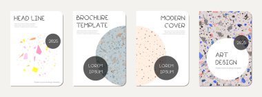 Not defteri kapağı tasarımı. Doğal taşlar, granit, kuvars ve mermerden yapılmış terrazzo soyut arka plan. Venedik terrazzo doku dizüstü bilgisayar kapağı şablonu.