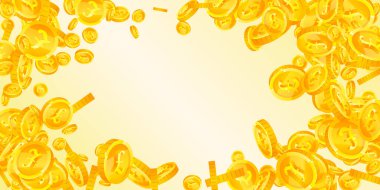 British pound coins falling. Scattered gold GBP coins.  United Kingdom money. Jackpot wealth or success concept. Wide vector illustration.