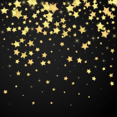 Sihirli yıldızlar vektör kaplaması. Altın yıldızlar rasgele etrafa saçılmış, düşüyor, yüzüyor. Kaotik rüya gibi çocuksu bir şablon. Siyah arkaplan üzerine vektör büyüsü.