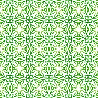 El çizimi yeşil mozaik pürüzsüz sınır. Yeşil büyüleyici boho şık yaz tasarımı. Tekstil hazır baskı, mayo kumaş, duvar kağıdı, ambalaj. Mozaik pürüzsüz desen.