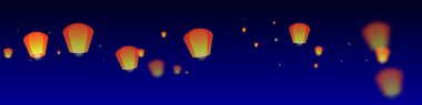 Yi Peng festival kartı. Gece gökyüzünde kağıt fener ışıkları uçuşan Tayland tatili. Geleneksel Yi Peng kutlaması. Koyu mavi arkaplanda vektör illüstrasyonu.