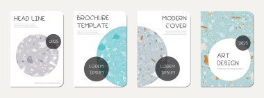 Not defteri kapağı tasarımı. Doğal taşlar, granit, kuvars ve mermerden yapılmış terrazzo soyut arka plan. Venedik terrazzo doku dizüstü bilgisayar kapağı şablonu.