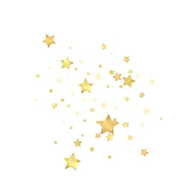 Sihirli yıldızlar vektör kaplaması. Altın yıldızlar rasgele etrafa saçılmış, düşüyor, yüzüyor. Kaotik rüya gibi çocuksu bir şablon. Beyaz arkaplanda vektör peri masalı.