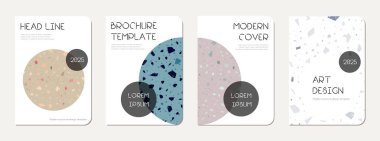 Broşür kapağı tasarımı. Doğal taşlar, granit, kuvars ve mermerden yapılmış terrazzo soyut arka plan. Venedik Terrazzo Doku Broşürü.