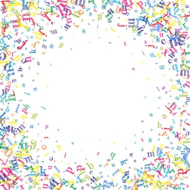 İngilizce 'nin harfleri düşüyor. Latin alfabesinin renkli, çocuksu uçan karakterleri. Yabancı diller öğrenim kavramı. Beyaz arkaplanda okul afişine geri dön.