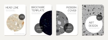 Broşür kapağı tasarımı. Doğal taşlar, granit, kuvars ve mermerden yapılmış terrazzo soyut arka plan. Venedik Terrazzo Doku Broşürü.