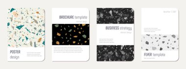 Okul not defteri kapağı tasarımı. Doğal taşlar, granit, kuvars ve mermerden yapılmış terrazzo soyut arka plan. Venedik terrazzo desenli okul not defteri şablonu.