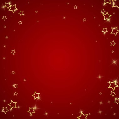 Altın parıldayan yıldız konfetisi. Kaotik rüya gibi çocuksu bir şablon. Kırmızı arkaplanda kutlama yıldızları vektör çizimi.