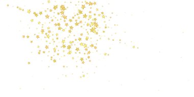 Sihirli yıldızlar vektör kaplaması. Altın yıldızlar rasgele etrafa saçılmış, düşüyor, yüzüyor. Kaotik rüya gibi çocuksu bir şablon. Beyaz arkaplanda vektör büyüsü.