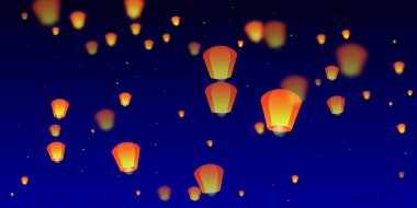 Yi Peng festival kartı. Gece gökyüzünde kağıt fener ışıkları uçuşan Tayland tatili. Geleneksel Yi Peng kutlaması. Koyu mavi arkaplanda vektör illüstrasyonu.