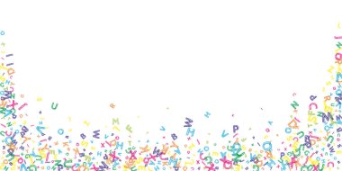 İngilizce 'nin harfleri düşüyor. Latin alfabesinin renkli, çocuksu uçan karakterleri. Yabancı diller öğrenim kavramı. Okula dönüş afişi .